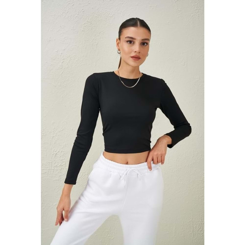 BİSİKLET YAKA SCUBA KUMAŞ CROP BLUZ - SİYAH