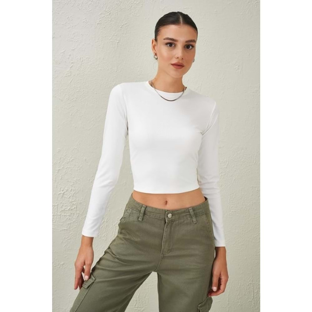 BİSİKLET YAKA SCUBA KUMAŞ CROP BLUZ - BEYAZ