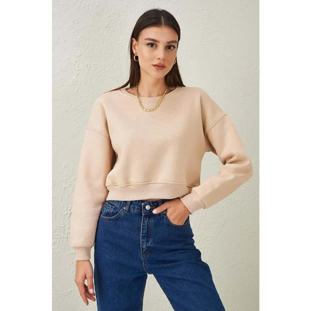 BİSİKLET YAKA OVERSIZE CROP SWEATSHIRT - BEJ