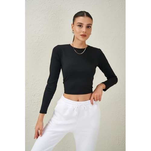 BİSİKLET YAKA SCUBA KUMAŞ CROP BLUZ - SİYAH