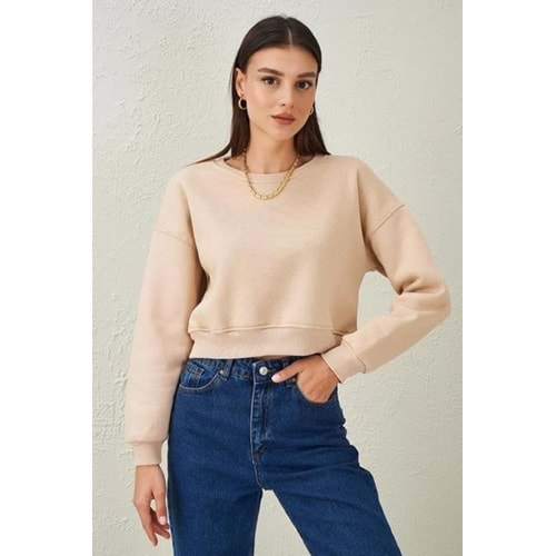 BİSİKLET YAKA OVERSIZE CROP SWEATSHIRT - BEJ