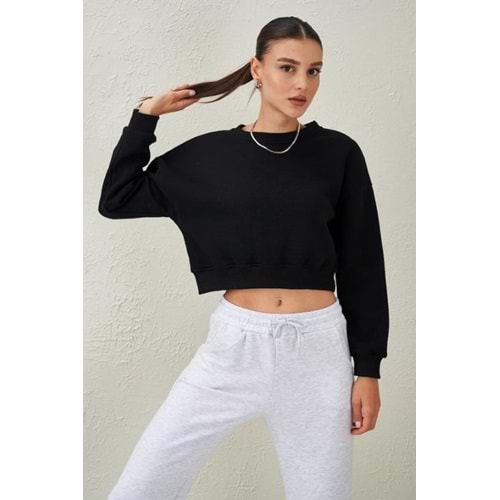 GİYİM KADIN SWEATSIRT - BİSİKLET YAKA ÜÇ İPLİK CROP - SİYAH